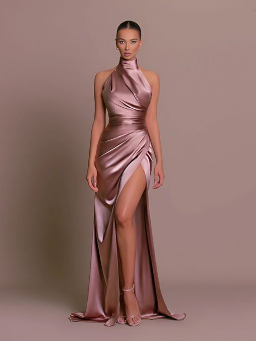 satin halter neck evening gown 4