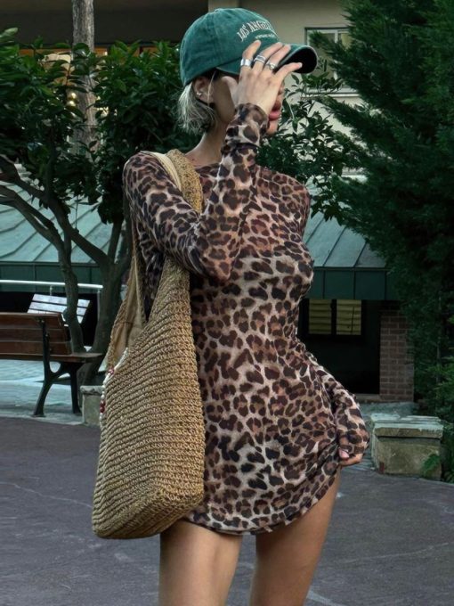 sexy leopard print mesh dress with long 1