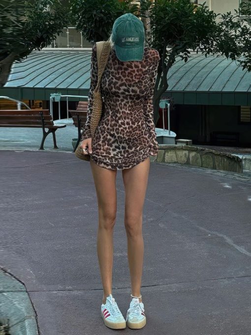 sexy leopard print mesh dress with long 2