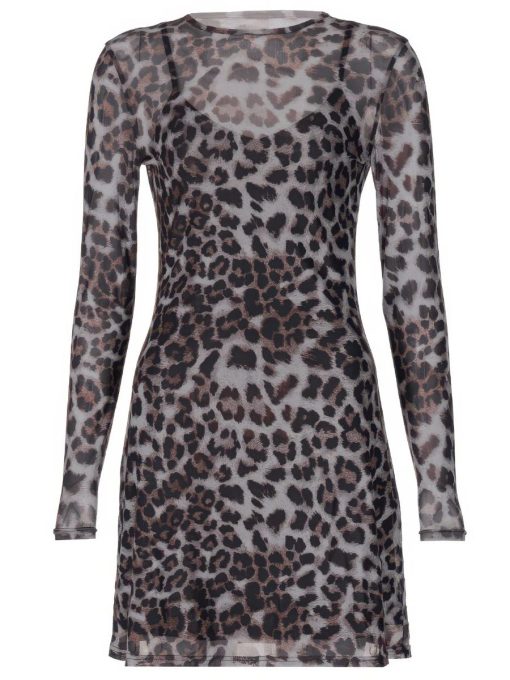 Sexy Leopard Print Mesh Dress with Long Sleeves