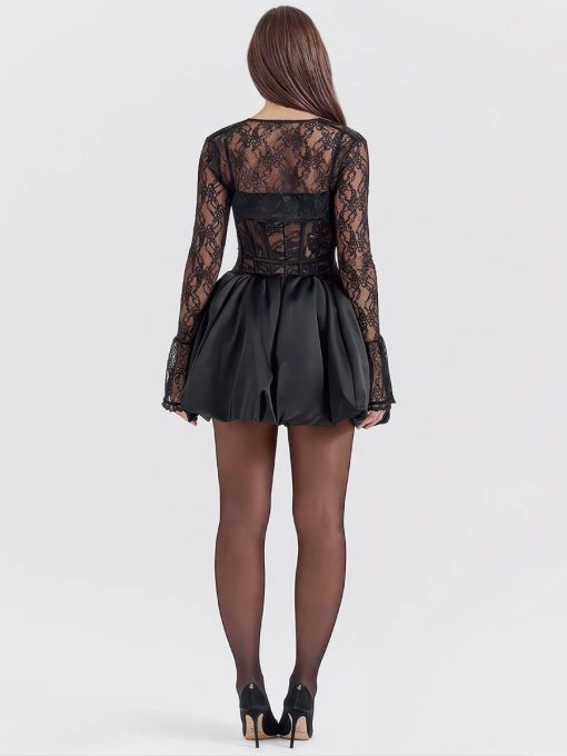 trendy lace strapless a line dress with long sleeves 1 1